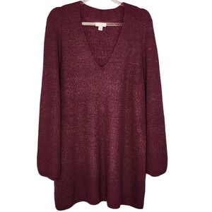 Pure Jill Cranberry Knit Sweater Dress Long Sleeve V Neck Casual Oversize Medium